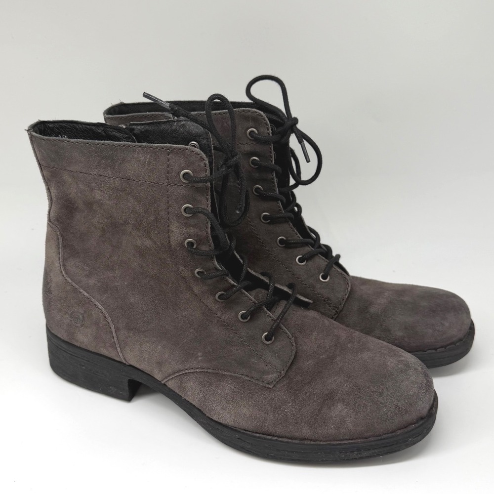 Born F51442 Womens Grey Suede Lace Up Side Zip Combat Ankle Boots Size 9.5M